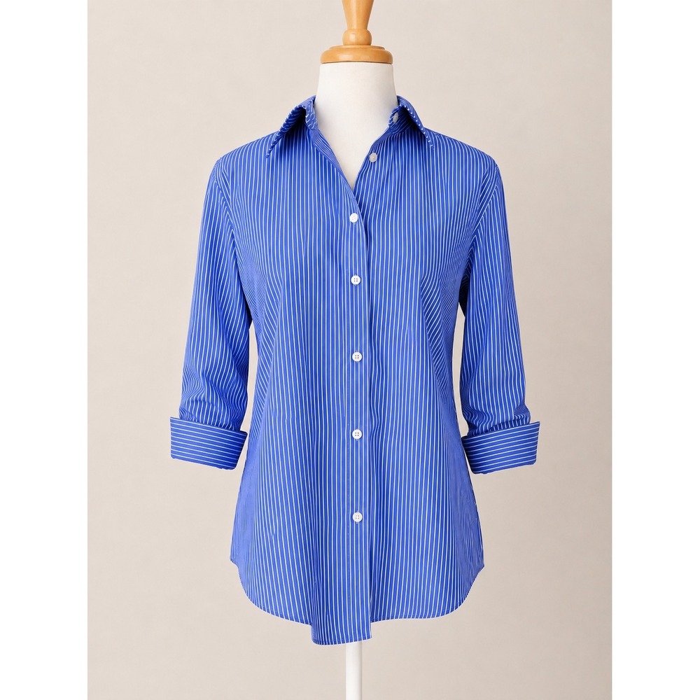 Chaps Womens Blue White Striped No Iron Button Down Shirt L Long Sleeve Cotton